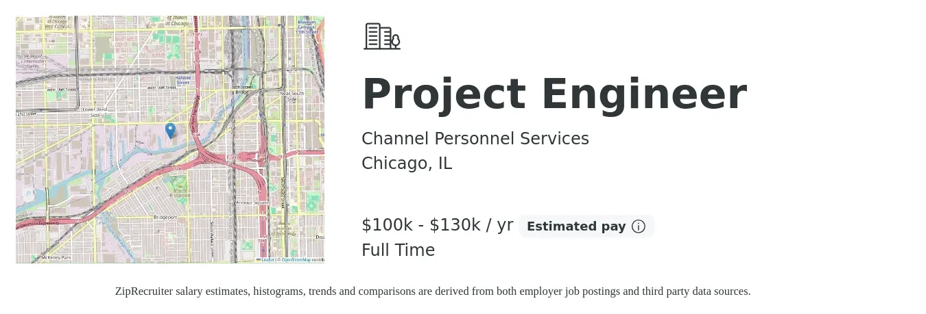 Channel Personnel Services job posting for a Project Engineer in Chicago, IL with a salary of $100,000 to $130,000 Yearly with a map of Chicago location.