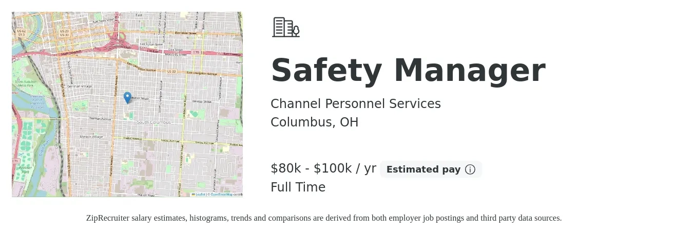 Channel Personnel Services job posting for a Safety Manager in Columbus, OH with a salary of $80,000 to $100,000 Yearly with a map of Columbus location.