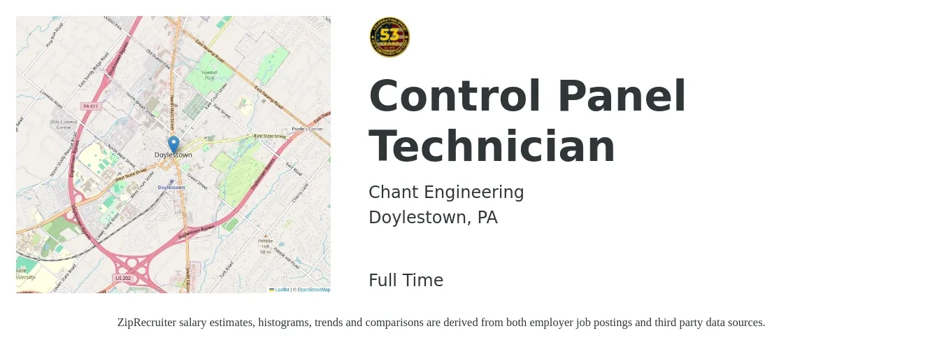Chant Engineering job posting for a Control Panel Technician in Doylestown, PA with a salary of $18 to $24 Hourly with a map of Doylestown location.
