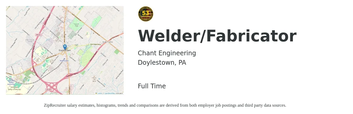 Chant Engineering job posting for a Welder/Fabricator in Doylestown, PA with a salary of $20 to $25 Hourly with a map of Doylestown location.