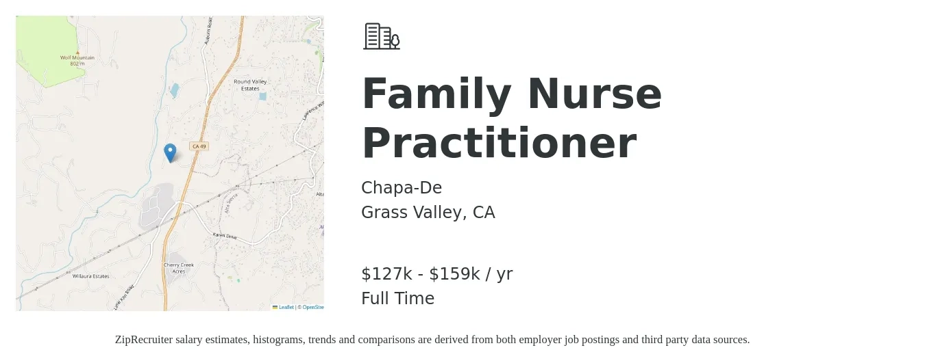 Chapa-De job posting for a Family Nurse Practitioner in Grass Valley, CA with a salary of $127,900 to $159,900 Yearly with a map of Grass Valley location.