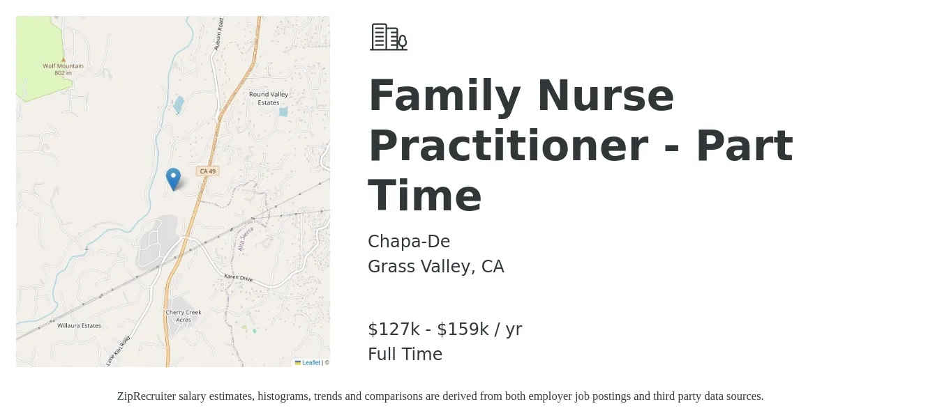 Chapa-De job posting for a Family Nurse Practitioner - Part Time in Grass Valley, CA with a salary of $127,900 to $159,900 Yearly with a map of Grass Valley location.