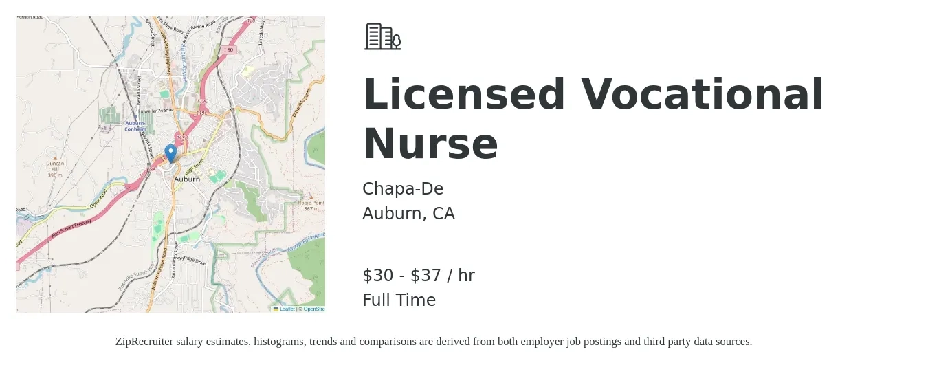 Chapa-De job posting for a Licensed Vocational Nurse in Auburn, CA with a salary of $32 to $38 Hourly with a map of Auburn location.