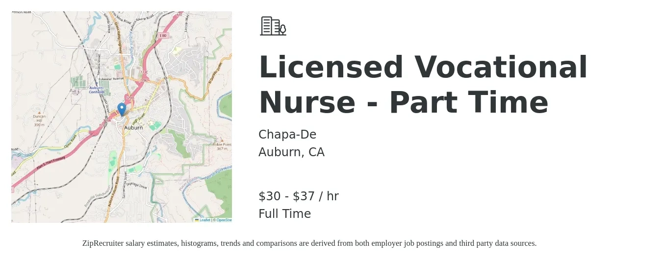 Chapa-De job posting for a Licensed Vocational Nurse - Part Time in Auburn, CA with a salary of $32 to $38 Hourly with a map of Auburn location.