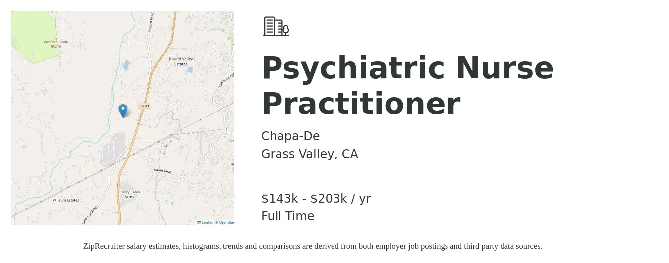 Chapa-De job posting for a Psychiatric Nurse Practitioner in Grass Valley, CA with a salary of $143,400 to $203,600 Yearly with a map of Grass Valley location.
