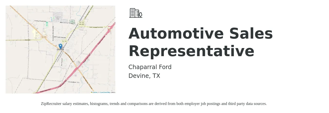 Chaparral Ford job posting for a Automotive Sales Representative in Devine, TX with a salary of $35,200 to $70,300 Yearly with a map of Devine location.