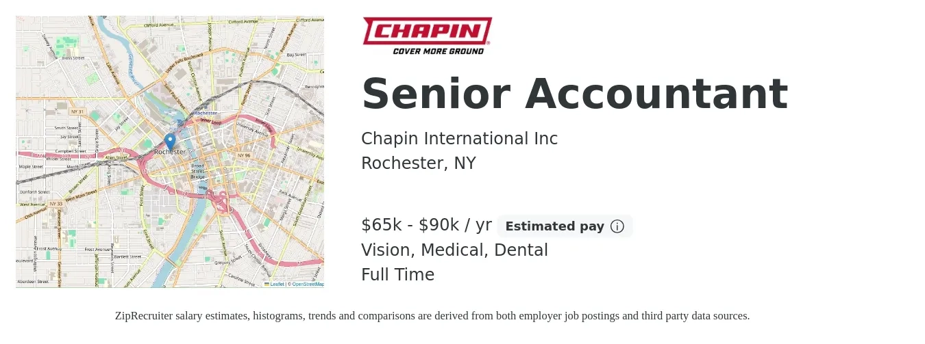 Chapin International Inc job posting for a Senior Accountant in Rochester, NY with a salary of $65,000 to $90,000 Yearly and benefits including dental, life_insurance, medical, pto, retirement, and vision with a map of Rochester location.