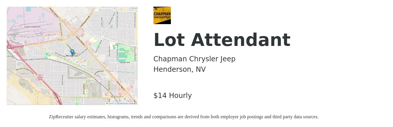 Chapman Chrysler Jeep job posting for a Lot Attendant in Henderson, NV with a salary of $15 Hourly with a map of Henderson location.
