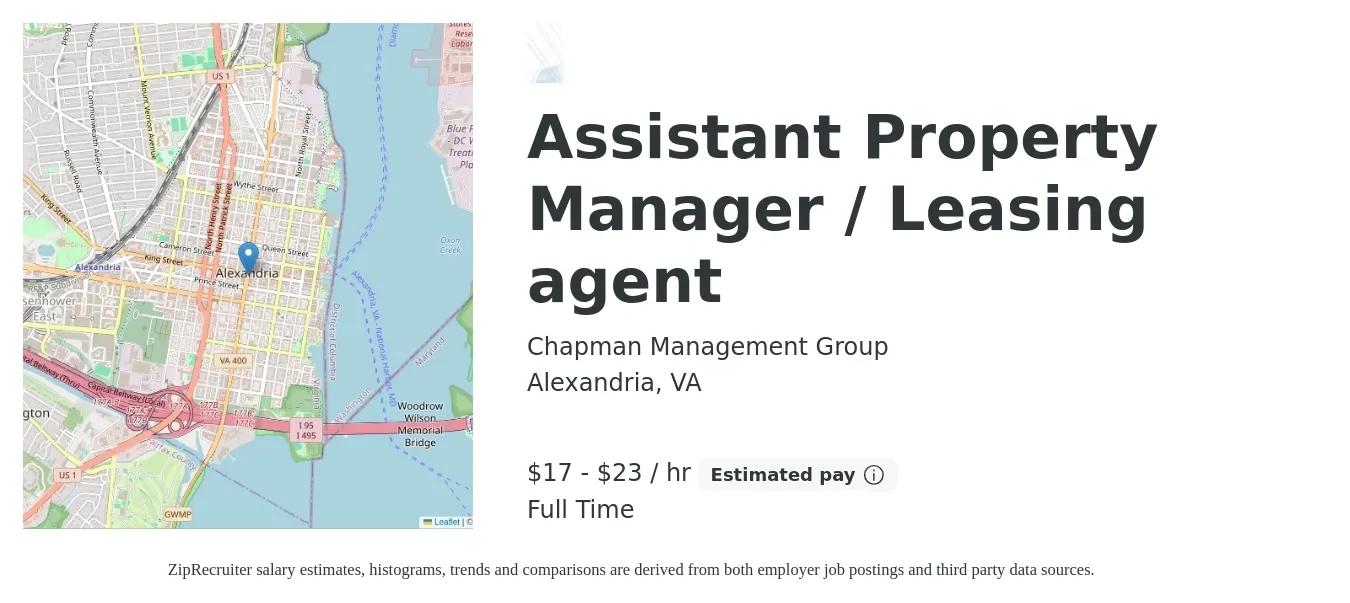 Chapman Management Group job posting for a Assistant Property Manager / Leasing agent in Alexandria, VA with a salary of $18 to $24 Hourly with a map of Alexandria location.