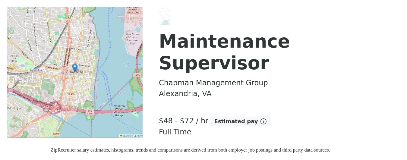 Chapman Management Group job posting for a Maintenance Supervisor in Alexandria, VA with a salary of $50 to $75 Hourly with a map of Alexandria location.