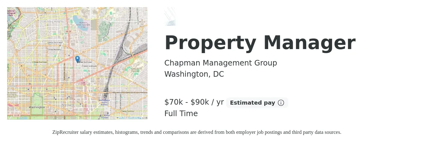Chapman Management Group job posting for a Property Manager in Washington, DC with a salary of $70,000 to $90,000 Yearly with a map of Washington location.