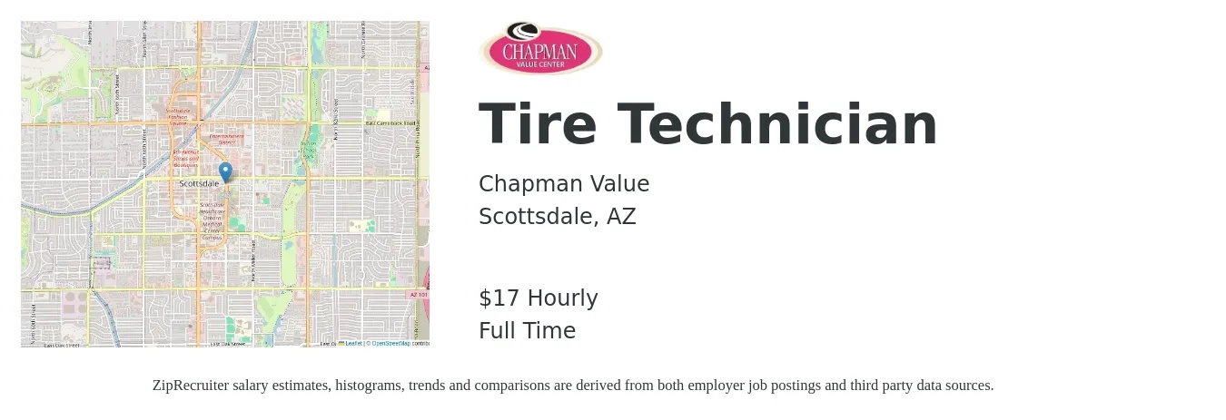 Chapman Value job posting for a Tire Technician in Scottsdale, AZ with a salary of $18 Hourly with a map of Scottsdale location.