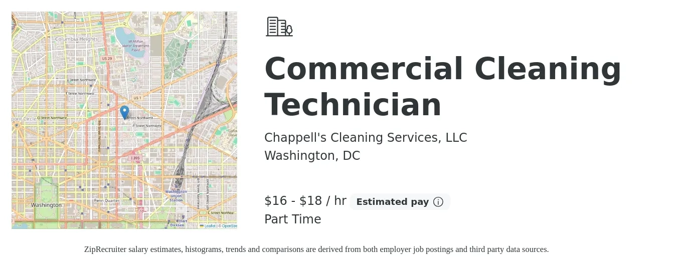 Chappell's Cleaning Services, LLC job posting for a Commercial Cleaning Technician in Washington, DC with a salary of $17 to $19 Hourly with a map of Washington location.
