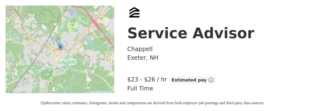 Chappell job posting for a Service Advisor in Exeter, NH with a salary of $24 to $28 Hourly with a map of Exeter location.