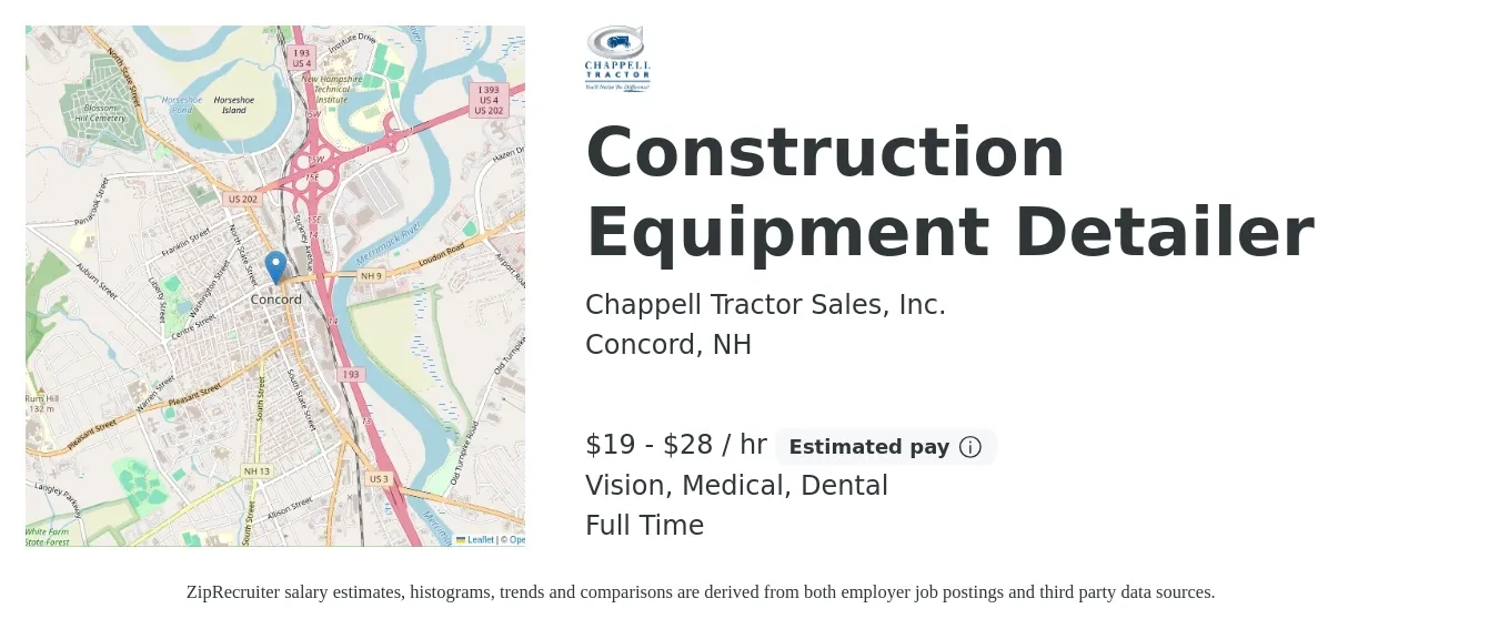 Chappell Tractor Sales, Inc. job posting for a Construction Equipment Detailer in Concord, NH with a salary of $20 to $30 Hourly and benefits including medical, retirement, vision, dental, and life_insurance with a map of Concord location.
