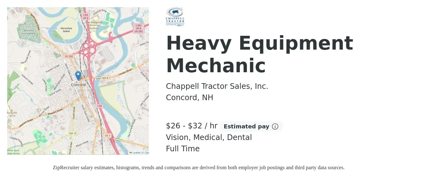 Chappell Tractor Sales, Inc. job posting for a Heavy Equipment Mechanic in Concord, NH with a salary of $28 to $34 Hourly and benefits including dental, life_insurance, medical, retirement, and vision with a map of Concord location.
