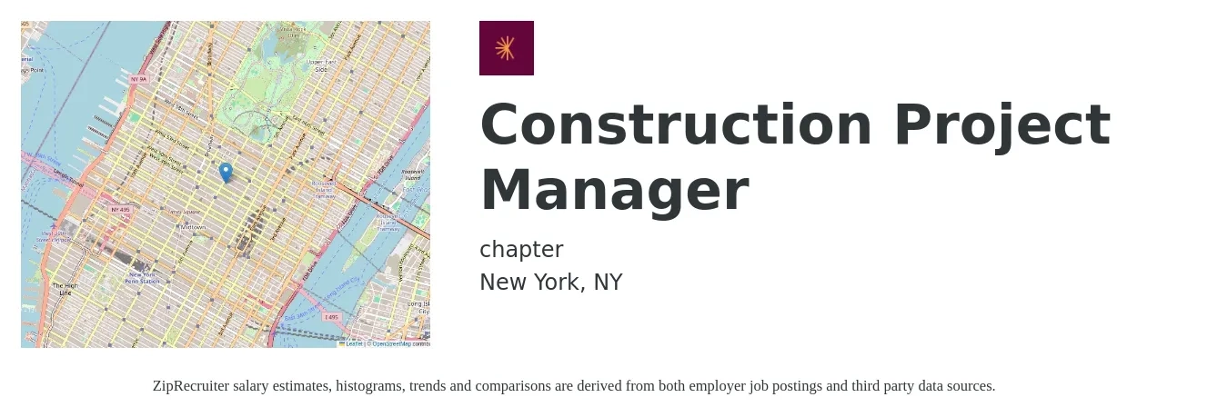 Chapter job posting for a Construction Project Manager in New York, NY with a salary of $82,700 to $131,200 Yearly with a map of New York location.