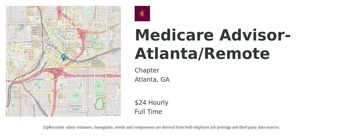 Chapter job posting for a Medicare Advisor-Atlanta/Remote in Atlanta, GA with a salary of $25 Hourly with a map of Atlanta location.