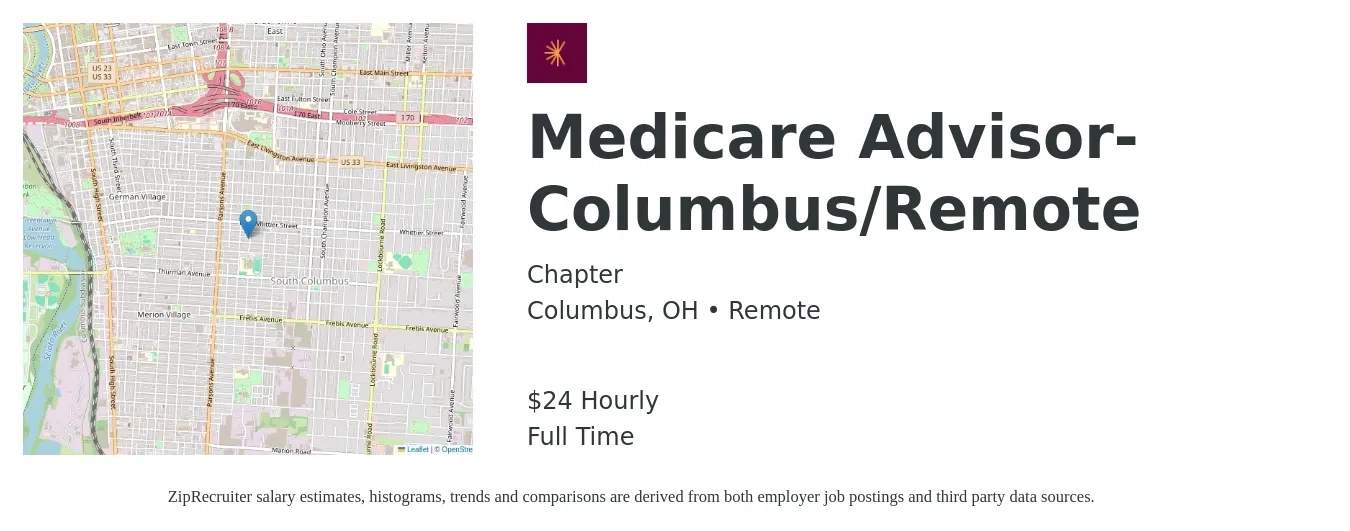 Chapter job posting for a Medicare Advisor-Columbus/Remote in Columbus, OH with a salary of $25 Hourly with a map of Columbus location.