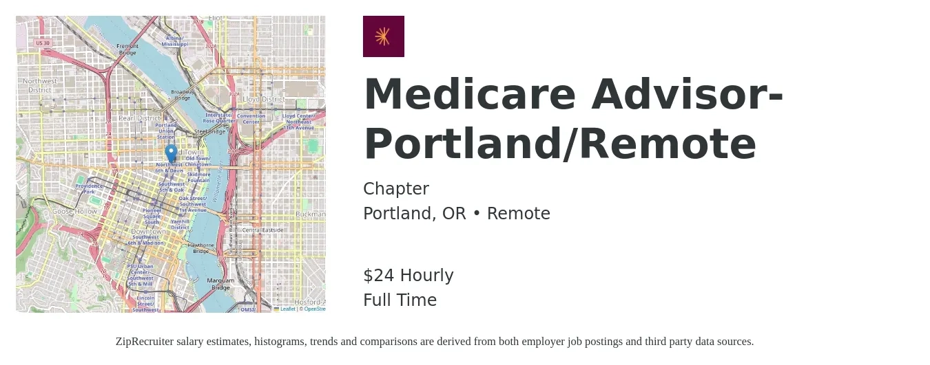 Chapter job posting for a Medicare Advisor-Portland/Remote in Portland, OR with a salary of $25 Hourly with a map of Portland location.