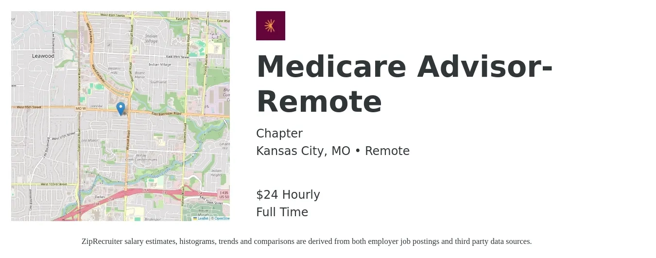 Chapter job posting for a Medicare Advisor-Remote in Kansas City, MO with a salary of $25 Hourly with a map of Kansas City location.