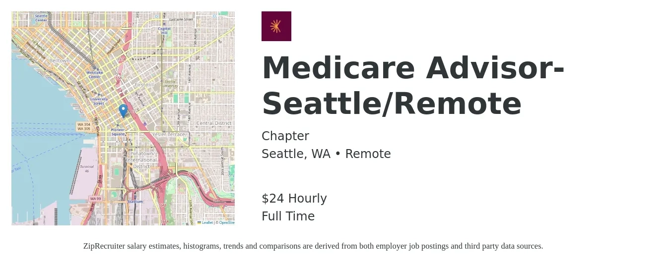 Chapter job posting for a Medicare Advisor-Seattle/Remote in Seattle, WA with a salary of $25 Hourly with a map of Seattle location.