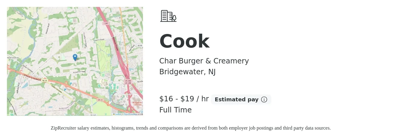 Char Burger & Creamery job posting for a Cook in Bridgewater, NJ with a salary of $17 to $20 Hourly with a map of Bridgewater location.