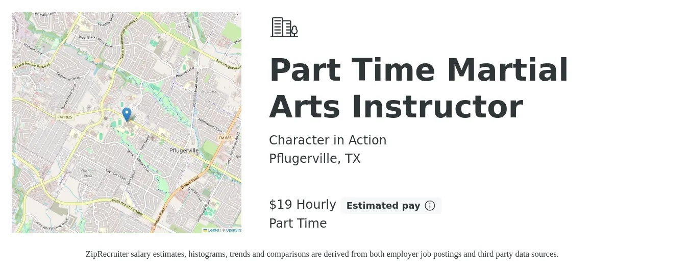 Character in Action job posting for a Part Time Martial Arts Instructor in Pflugerville, TX with a salary of $20 Hourly with a map of Pflugerville location.