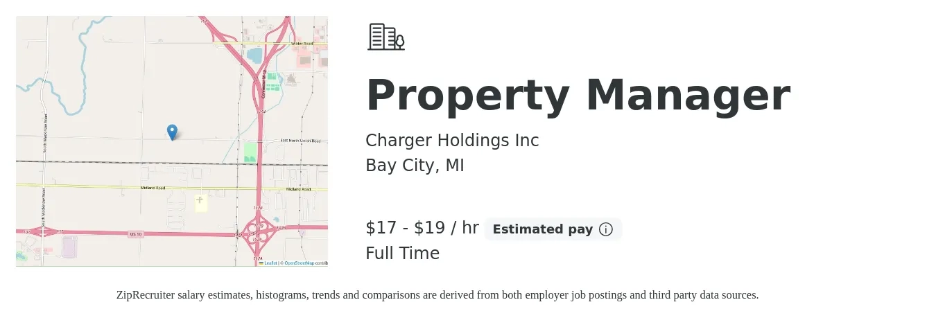 Charger Holdings Inc job posting for a Property Manager in Bay City, MI with a salary of $18 to $20 Hourly with a map of Bay City location.