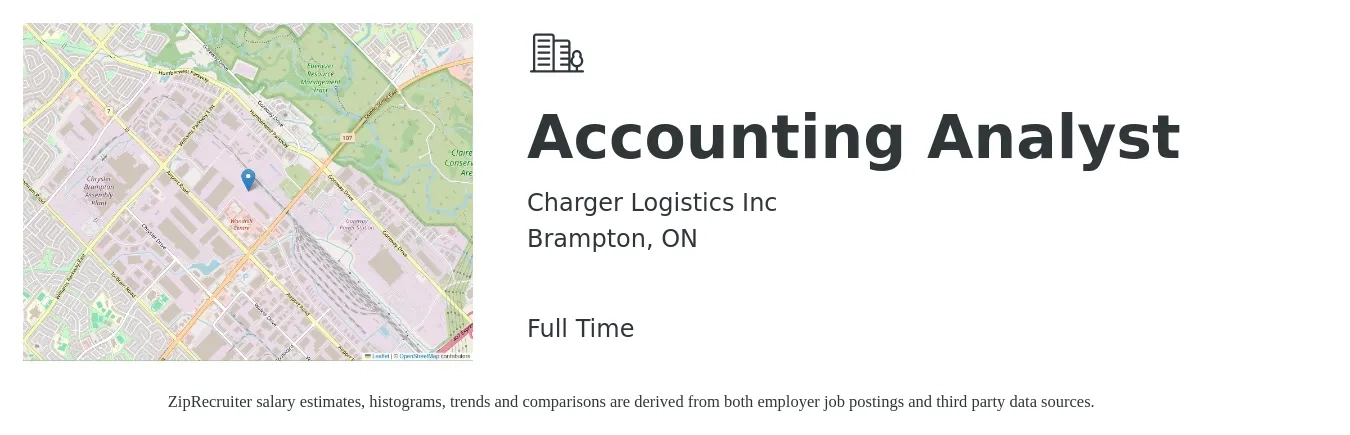 Charger Logistics Inc job posting for a Accounting Analyst in Brampton, ON with a map of Brampton location.
