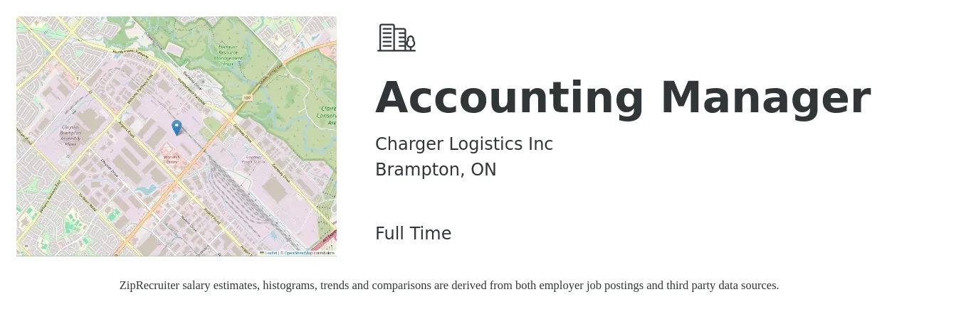 Charger Logistics Inc job posting for a Accounting Manager in Brampton, ON with a map of Brampton location.