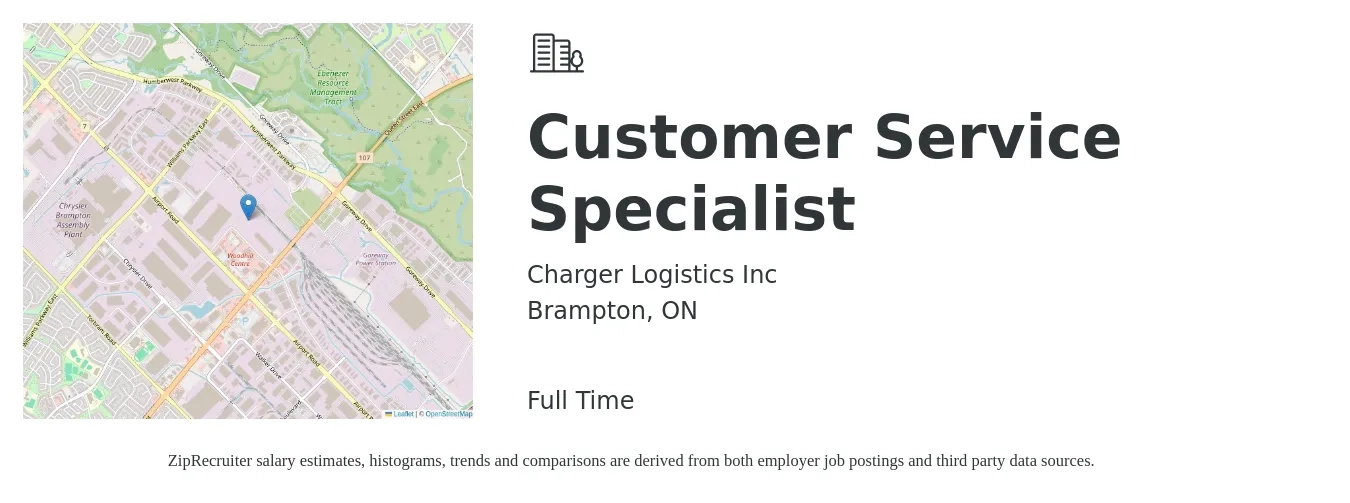 Charger Logistics Inc job posting for a Customer Service Specialist in Brampton, ON with a map of Brampton location.