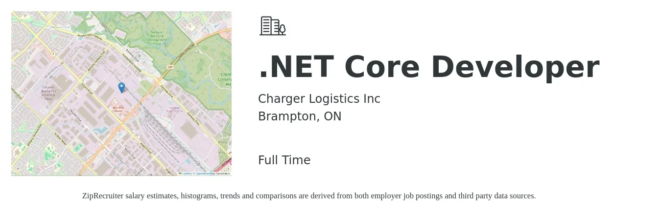 Charger Logistics Inc job posting for a .NET Core Developer in Brampton, ON with a map of Brampton location.