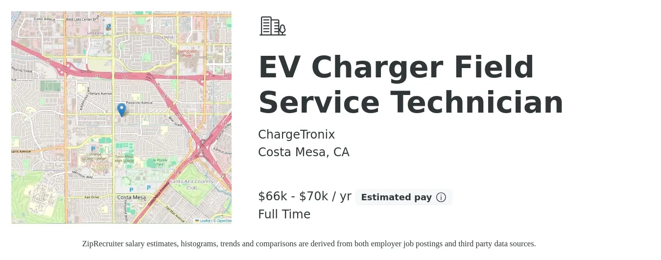 ChargeTronix job posting for a EV Charger Field Service Technician in Costa Mesa, CA with a salary of $66,560 to $70,720 Yearly with a map of Costa Mesa location.