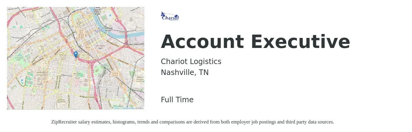 Chariot Logistics job posting for a Account Executive in Nashville, TN with a salary of $51,200 to $90,100 Yearly with a map of Nashville location.