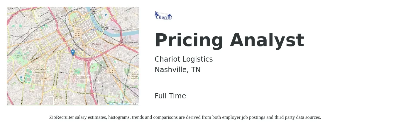 Chariot Logistics job posting for a Pricing Analyst in Nashville, TN with a salary of $51,200 to $76,300 Yearly with a map of Nashville location.