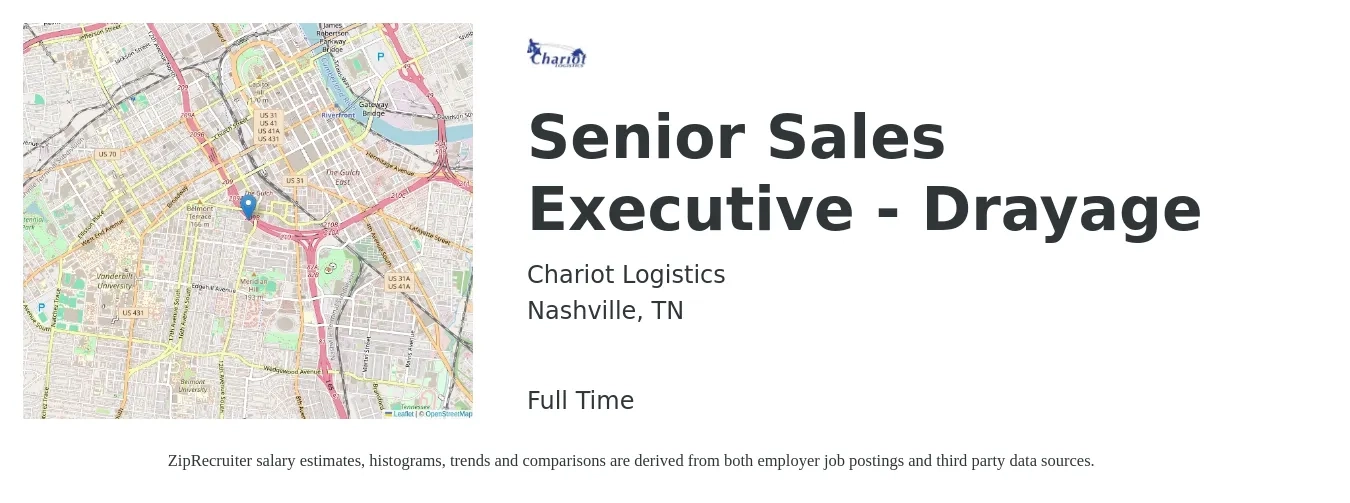 Chariot Logistics job posting for a Senior Sales Executive - Drayage in Nashville, TN with a salary of $68,800 to $118,500 Yearly with a map of Nashville location.