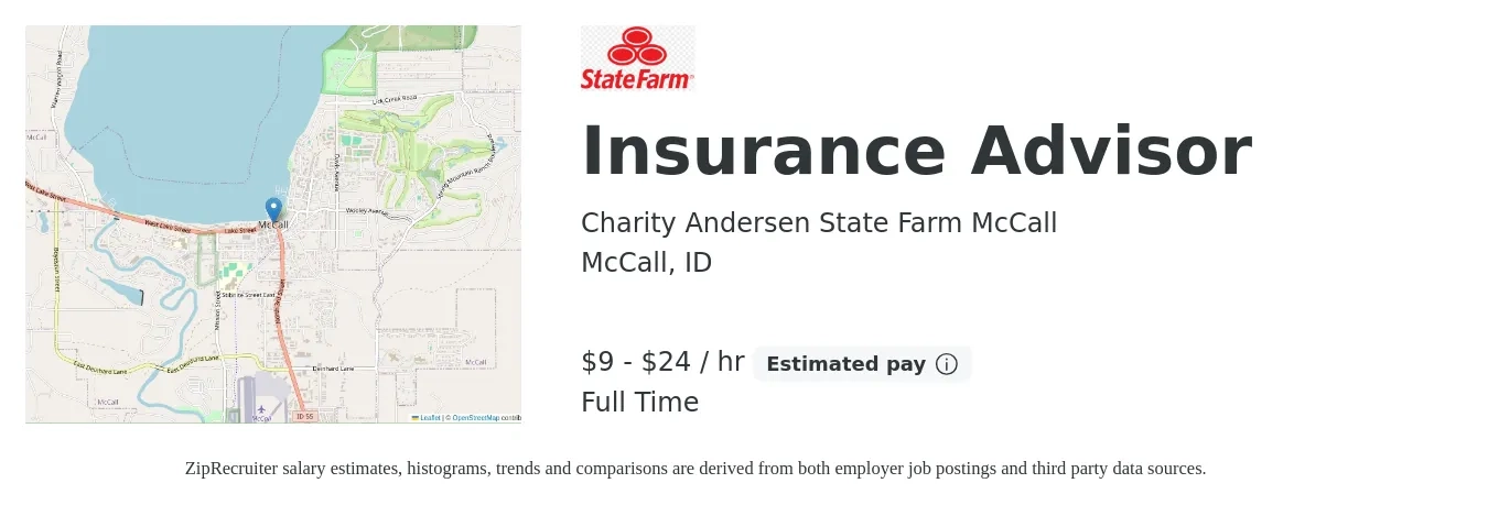 Charity Andersen State Farm McCall job posting for a Insurance Advisor in McCall, ID with a salary of $10 to $25 Hourly and benefits including retirement with a map of McCall location.
