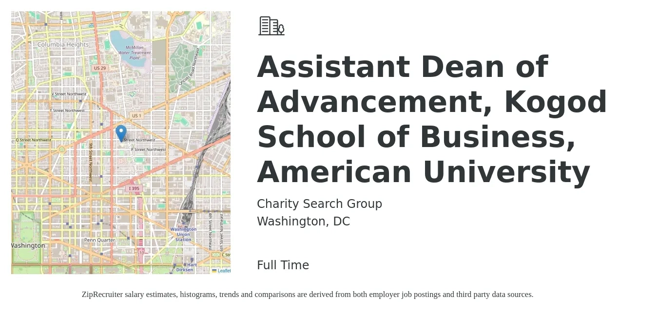 Charity Search Group job posting for a Assistant Dean of Advancement, Kogod School of Business, American University in Washington, DC with a salary of $160,000 to $180,000 Yearly with a map of Washington location.