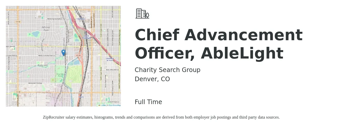 Charity Search Group job posting for a Chief Advancement Officer, AbleLight in Denver, CO with a salary of $240,000 to $250,000 Yearly with a map of Denver location.