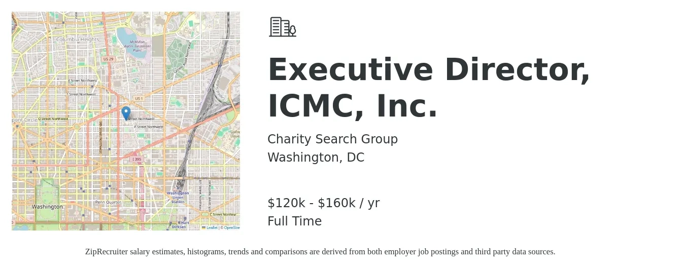 Charity Search Group job posting for a Executive Director, ICMC, Inc. in Washington, DC with a salary of $120,000 to $160,000 Yearly with a map of Washington location.