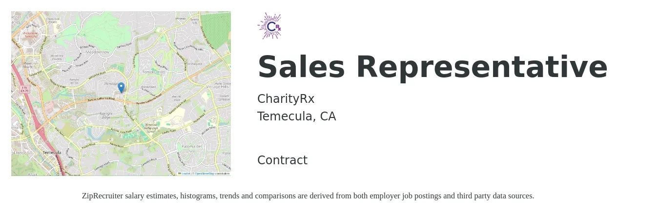 CharityRx job posting for a Sales Representative in Temecula, CA with a salary of $2,500 to $15,000 Monthly with a map of Temecula location.