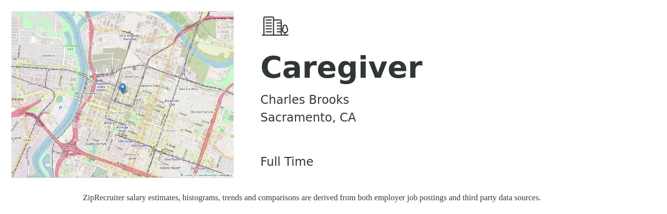 Charles Brooks job posting for a Caregiver in Sacramento, CA with a salary of $15 to $19 Hourly with a map of Sacramento location.