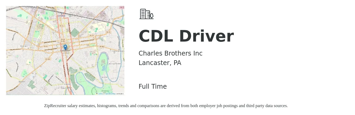Charles Brothers Inc job posting for a CDL Driver in Lancaster, PA with a salary of $24 to $42 Hourly with a map of Lancaster location.
