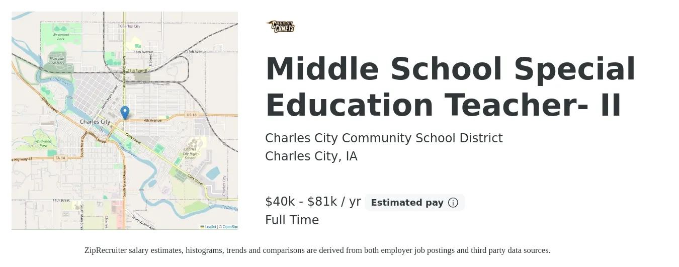 Charles City Community School District job posting for a Middle School Special Education Teacher- II in Charles City, IA with a salary of $40,036 to $81,293 Yearly with a map of Charles City location.