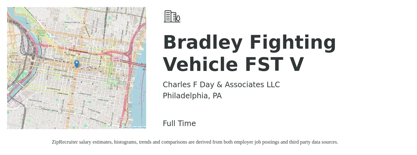 Charles F Day & Associates LLC job posting for a Bradley Fighting Vehicle FST V in Philadelphia, PA with a salary of $19 to $28 Hourly with a map of Philadelphia location.