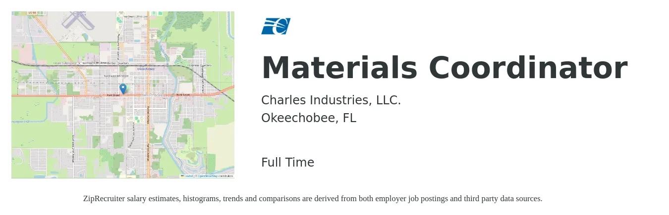Charles Industries, LLC. job posting for a Materials Coordinator in Okeechobee, FL with a salary of $18 to $26 Hourly with a map of Okeechobee location.
