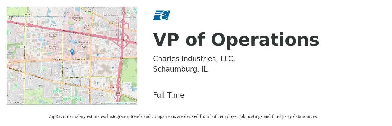 Charles Industries, LLC. job posting for a VP of Operations in Schaumburg, IL with a salary of $113,400 to $181,700 Yearly with a map of Schaumburg location.