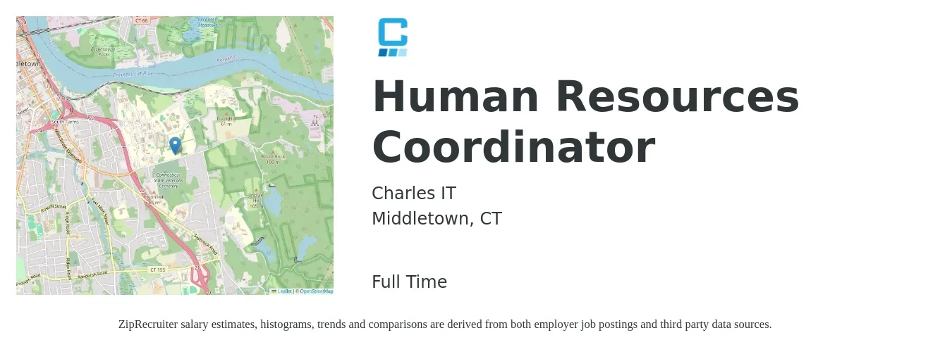 Charles IT job posting for a Human Resources Coordinator in Middletown, CT with a salary of $21 to $28 Hourly with a map of Middletown location.