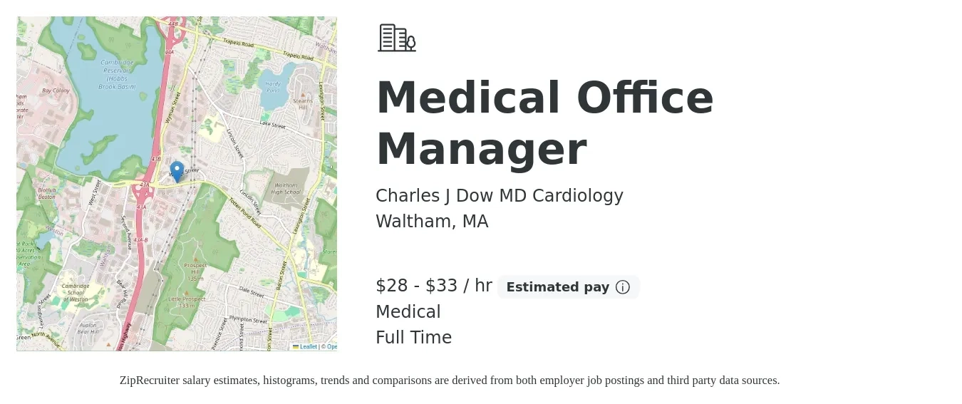 Charles J Dow MD Cardiology job posting for a Medical Office Manager in Waltham, MA with a salary of $30 to $35 Hourly and benefits including pto, retirement, and medical with a map of Waltham location.